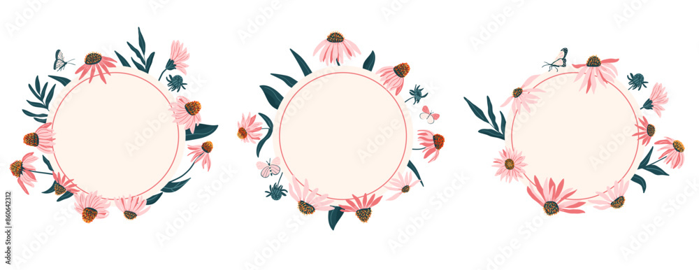 Coneflowers wreath set isolated on white background. Floral circular frames collection. Circle scribble border of bouquet. Vector flat hand drawn illustration. Coneflowers wreath set isolated on white background. Floral circular frames collection. Circle scribble border of bouquet. Vector flat hand drawn illustration.
