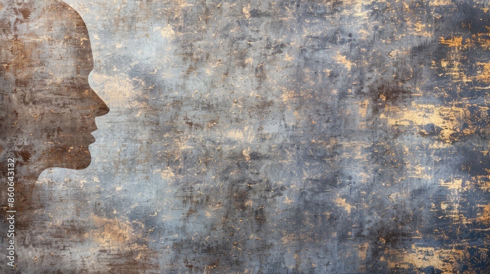 custom made wallpaper toronto digitalSilhouette of human head profile merged with textured, rustic metal background