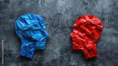 Two crumpled paper heads in blue and red facing each other against gray background