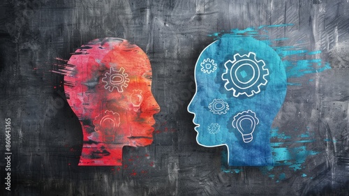 Two head silhouettes with contrasting red and blue colors representing different thinking processes