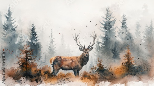 Red deer in misty forest