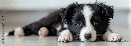 Black and White Border Collie Puppy Lying on Floor