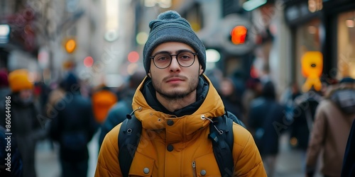 Young man in glasses and hat strolling on crowded city street. Concept City Life, Street Fashion, Urban Style, Young Man, Eyewear