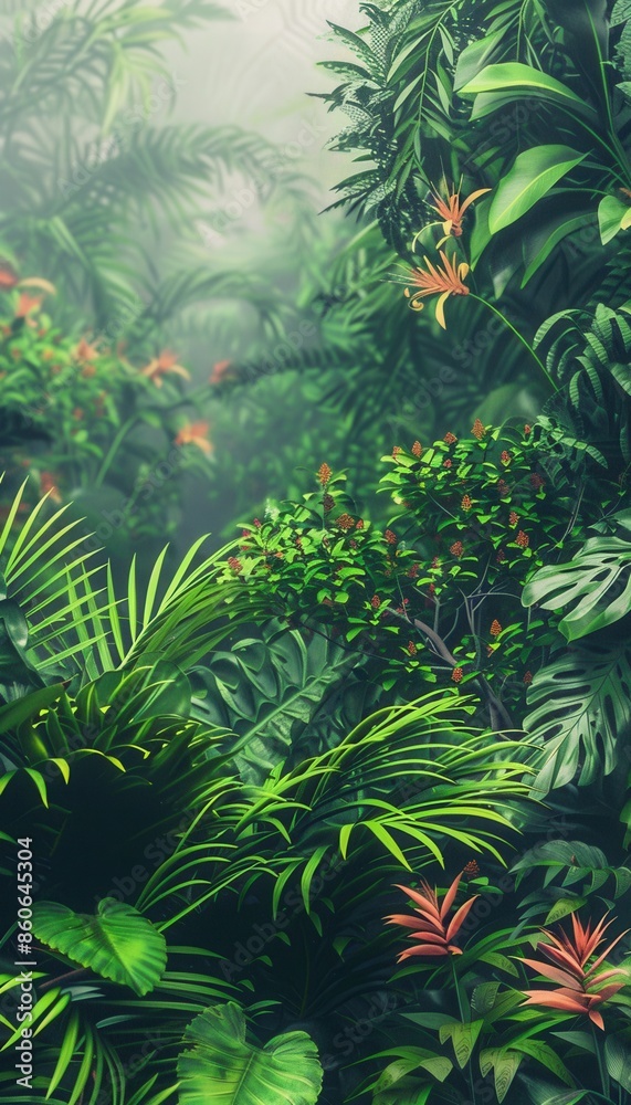 A vibrant and dense tropical rainforest scene with red flowers and lush foliage. Generative AI A vibrant and dense tropical rainforest scene with red flowers and lush foliage. Generative AI