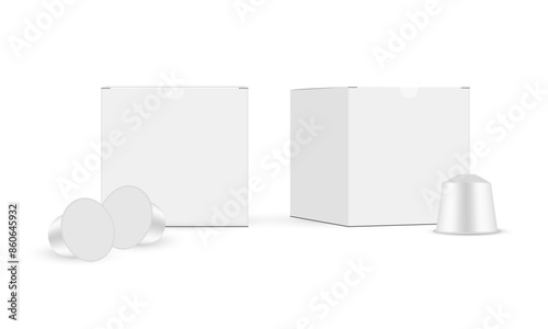 Square Packaging Boxes With Coffee Capsules, Front And Side View Mockups. Vector Illustration
