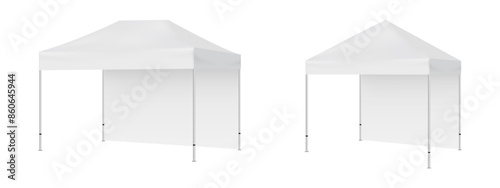Two One Wall Pop Up Canopy Tents Mockups For Outdoor Party Or Events, Square And Rectangular. Vector Illustration