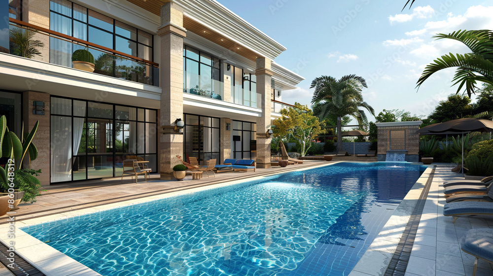 Fototapeta premium Modern house with pool, modern villa with pool on the beach, luxury villa.