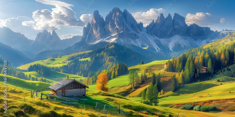 Fototapeta premium Scenic view of Saslonch Sassolungo Langkofel Group Alpe di Siusi mountain range. Concept Mountain Photography, Scenic Landscapes, Italian Alps, Nature Beauty, Alpine Panorama