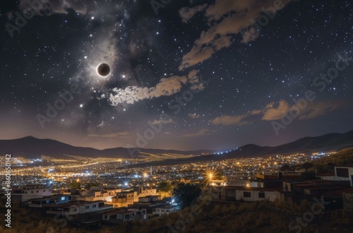 A large black hole is seen in the sky over a town. AI. © Nikolay