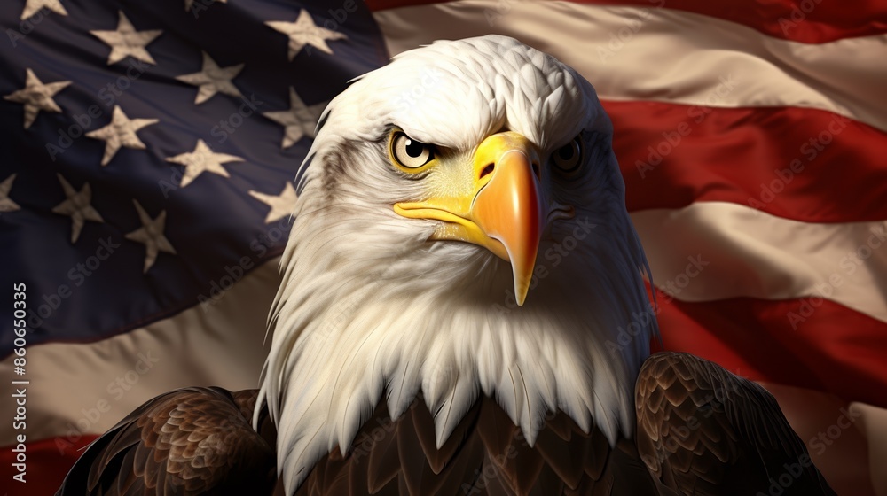custom made wallpaper toronto digitalEagle perched beside the USA flag, illustrator artwork. Realistic textures, bold colors, flag waving, capturing the essence of American pride and the symbol of freedom.