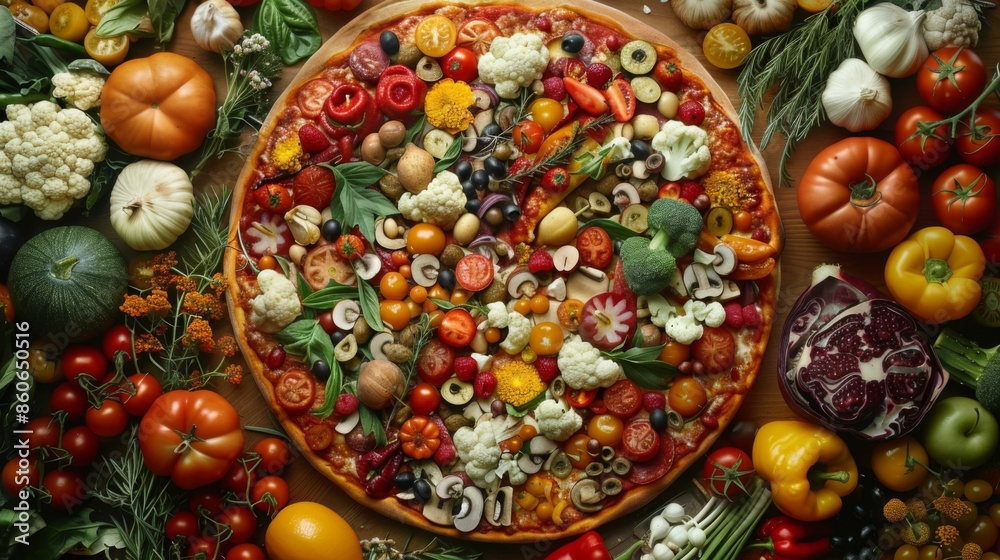 A pizza with many different vegetables on a wooden table. AI. A pizza with many different vegetables on a wooden table. AI.