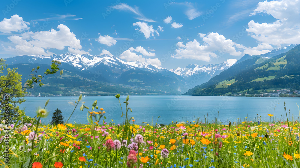Fototapeta premium Idyllic summer landscape with a flower meadow snowy mountains and a blue lake Zell am See Pinzgau Salzburger Land Austria Europe : Generative AI