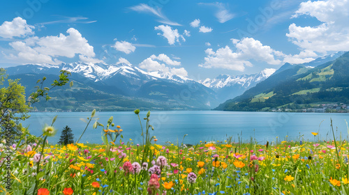Fototapeta Naklejka Na Ścianę i Meble -  Idyllic summer landscape with a flower meadow snowy mountains and a blue lake Zell am See Pinzgau Salzburger Land Austria Europe : Generative AI