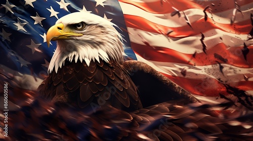 Illustrated scene of an eagle beside a waving USA flag. Majestic eagle, detailed feathers, flag rippling, bright colors, symbolic of freedom and patriotism. photo