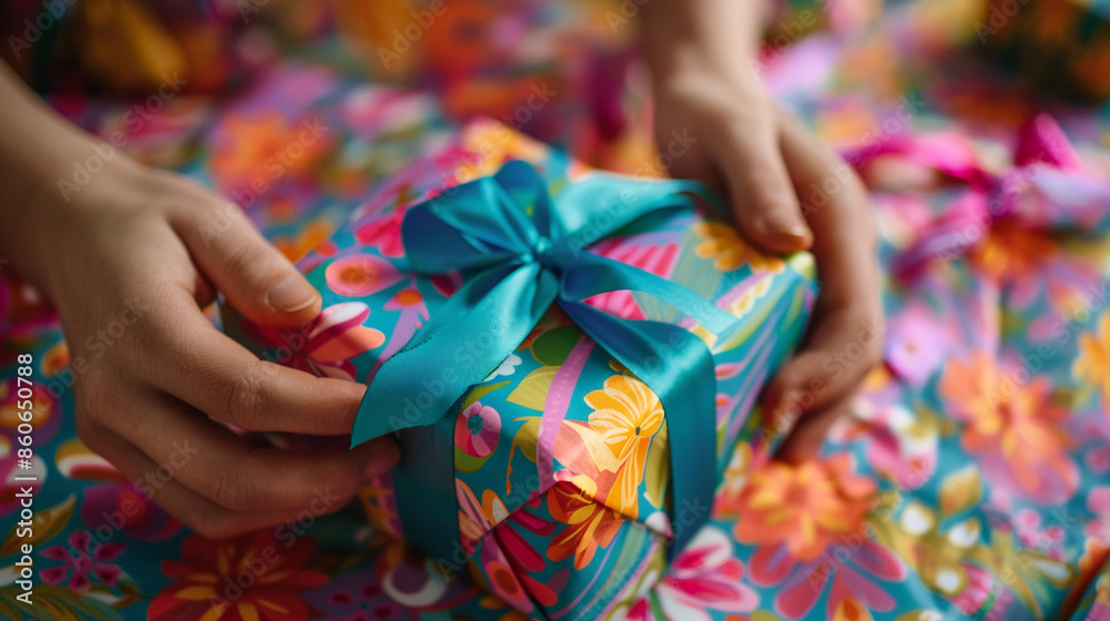 Close-up of hands wrapping a gift with colorful paper and ribbon Close-up of hands wrapping a gift with colorful paper and ribbon
