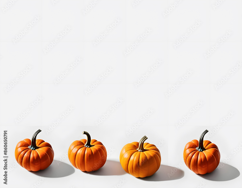 Pumpkins in a row on white background