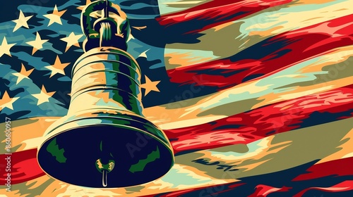 Illustrator artwork of Liberty Bell and American flag. Detailed depiction, flag in the background, bold and colorful, evoking a sense of history and national pride.