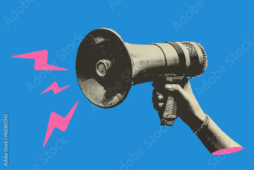 Halftone collage hand a hold loudspeaker. Breaking news concept or sale announce. Isolated Contemporary vector illustration
