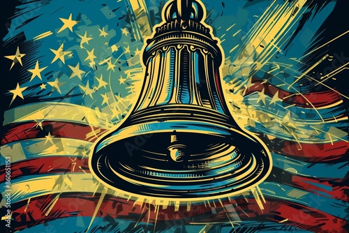 Illustrator image of Liberty Bell with USA flag. Detailed bell, stars and stripes background, vibrant colors, capturing the historic and patriotic significance of the Liberty Bell.