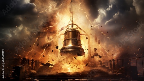 Illustrator image of lightning striking the Liberty Bell. Dramatic scene, lightning bolt hitting the bell, detailed textures, vibrant colors, capturing a powerful and symbolic moment.