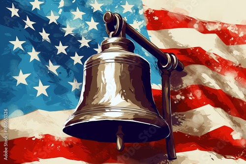 Liberty Bell with USA flag, illustrated style. Realistic textures, stars and stripes elements, vibrant and celebratory, capturing the essence of American heritage and pride.