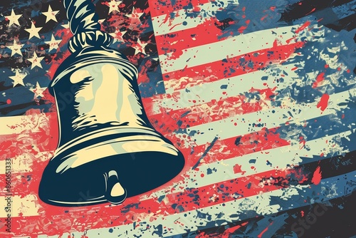 Liberty Bell with USA flag, illustrated style. Realistic textures, stars and stripes elements, vibrant and celebratory, capturing the essence of American heritage and pride.
