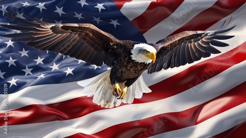 Wallpaper of an eagle soaring over a USA flag. Majestic eagle in flight, flag waving in the background, vibrant colors, capturing the essence of American pride and freedom.