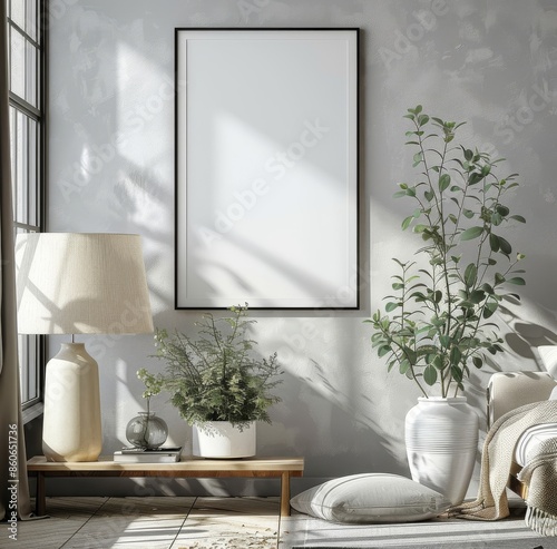 Elegant room interior with framed poster mockup, houseplants, and ambient lighting