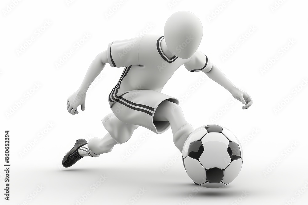 A 3D rendering of a male soccer player in a white uniform kicking a black and white soccer ball. The player is in a dynamic pose, striking the ball with his left foot A 3D rendering of a male soccer player in a white uniform kicking a black and white soccer ball. The player is in a dynamic pose, striking the ball with his left foot