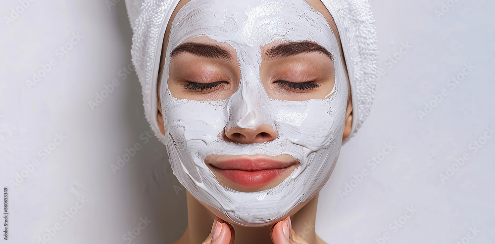 Woman with a white facial mask and closed eyes, enjoying a relaxing skincare treatment, wearing a towel on her head. Woman with a white facial mask and closed eyes, enjoying a relaxing skincare treatment, wearing a towel on her head.