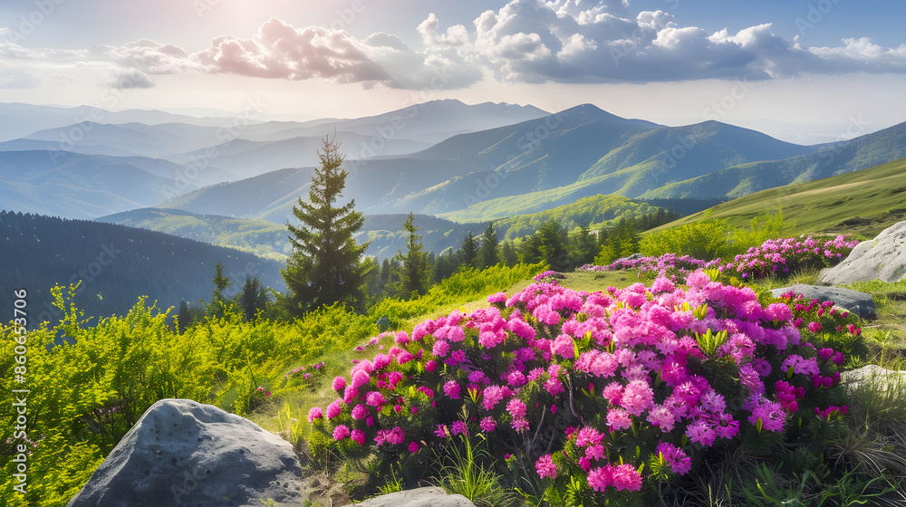 Splendid landscape in sunny summer day with pink rhododendron flowers Location place Carpathian mountains Ukraine Europe Vibrant photo wallpaper Exotic summer scene Discover the beauty : Generative AI