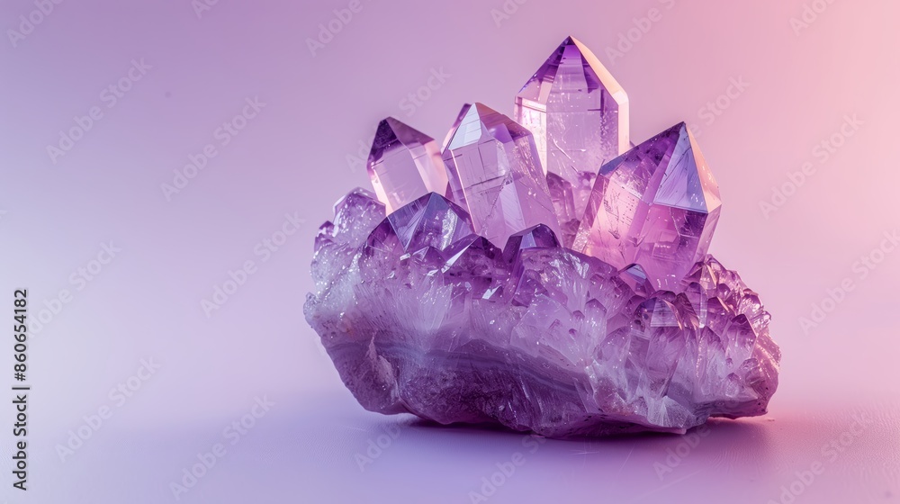 Fototapeta premium Luminous amethyst crystal formation standing soft gradient on surface translucent purple reflection light design background