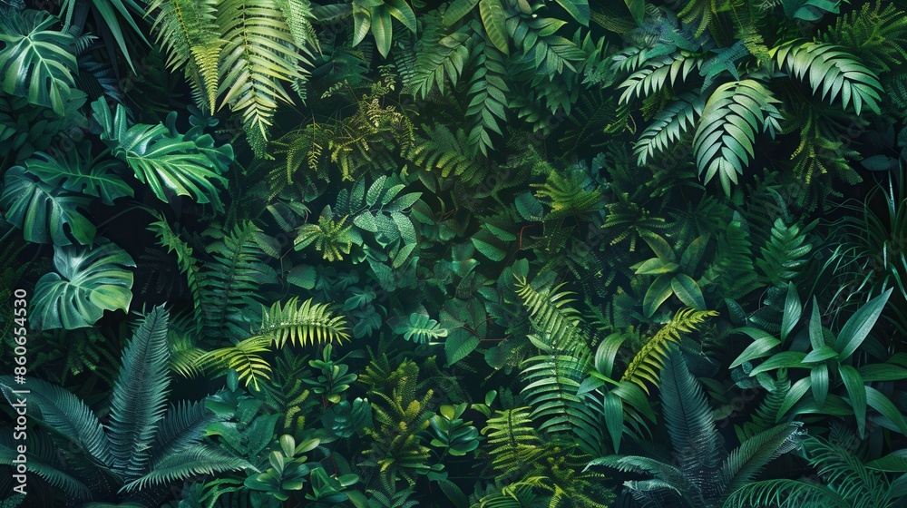A vibrant close-up of a dense tropical rainforest canopy, featuring various plant species and textures. Generative AI A vibrant close-up of a dense tropical rainforest canopy, featuring various plant species and textures. Generative AI