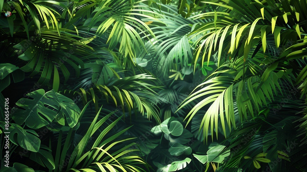 A close-up view of a dense tropical rainforest canopy, showcasing vibrant green leaves and a sense of abundant life. Generative AI A close-up view of a dense tropical rainforest canopy, showcasing vibrant green leaves and a sense of abundant life. Generative AI