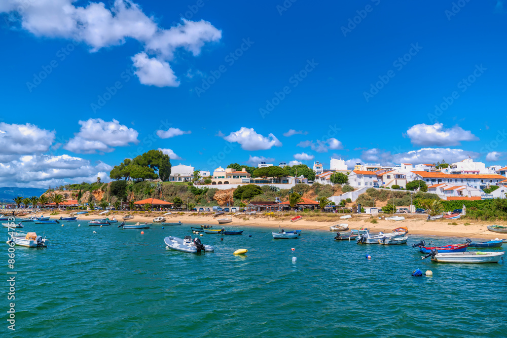 Fototapeta premium Alvor Portugal boats in harbour in beautiful Algarve town between Portimao and Lagos