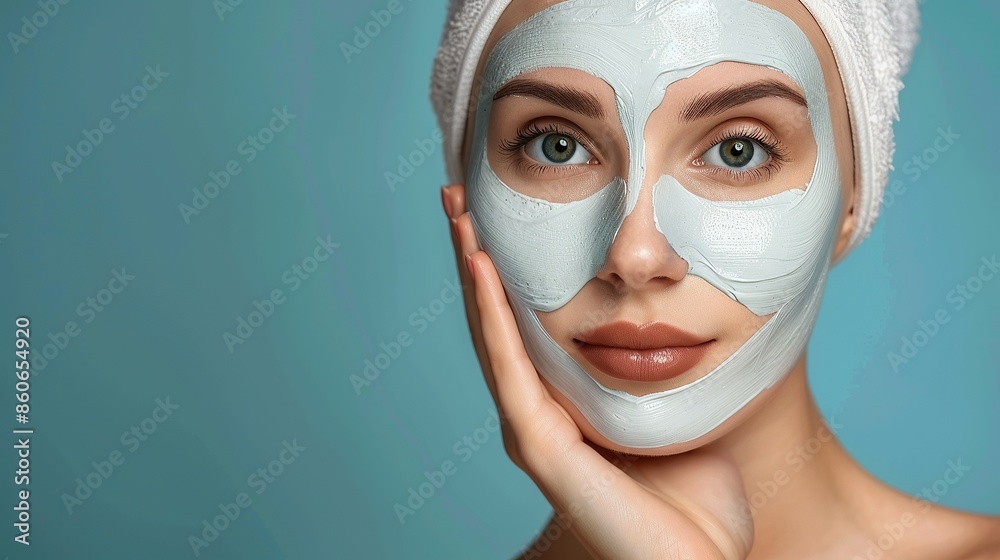 Close-up of a woman with a white facial mask and towel on her head, posing against a blue background, highlighting her clear complexion and relaxed expression. With copy space for text. Close-up of a woman with a white facial mask and towel on her head, posing against a blue background, highlighting her clear complexion and relaxed expression. With copy space for text.