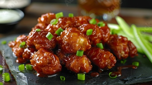 Boneless buffalo and bbq chicken wings with green onions