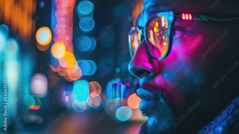 Close-up of man with glasses lit by colorful neon lights at night Close-up of man with glasses lit by colorful neon lights at night