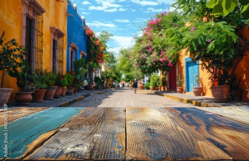 Colorful Street Scene With Wooden Table in Front of Brightly Painted Building...