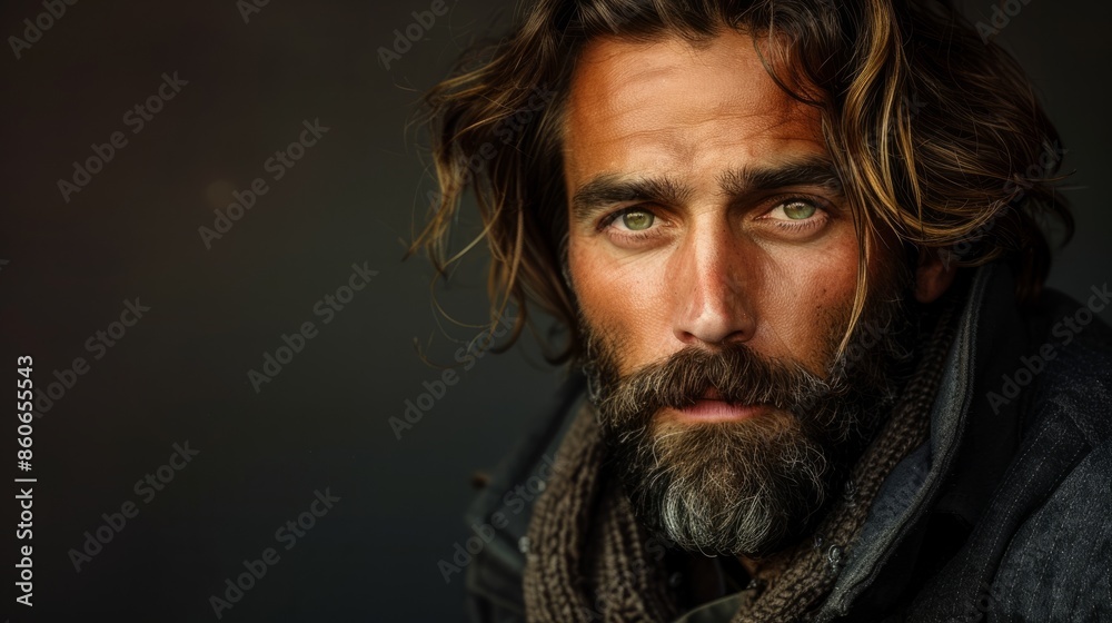 Close-up portrait of a handsome man with long hair and a beard