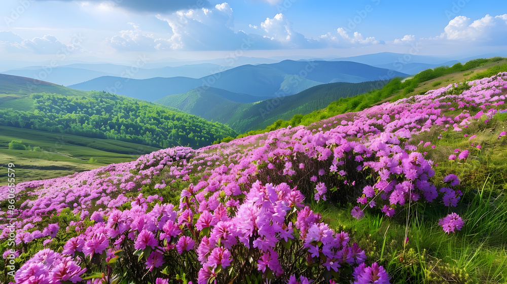 Splendid fields of blooming rhododendron flowers on a summer day Location place Carpathian mountains National Park Chornohora Ukraine Europe Photo wallpaper Discover the beauty of eart : Generative AI Splendid fields of blooming rhododendron flowers on a summer day Location place Carpathian mountains National Park Chornohora Ukraine Europe Photo wallpaper Discover the beauty of eart : Generative AI