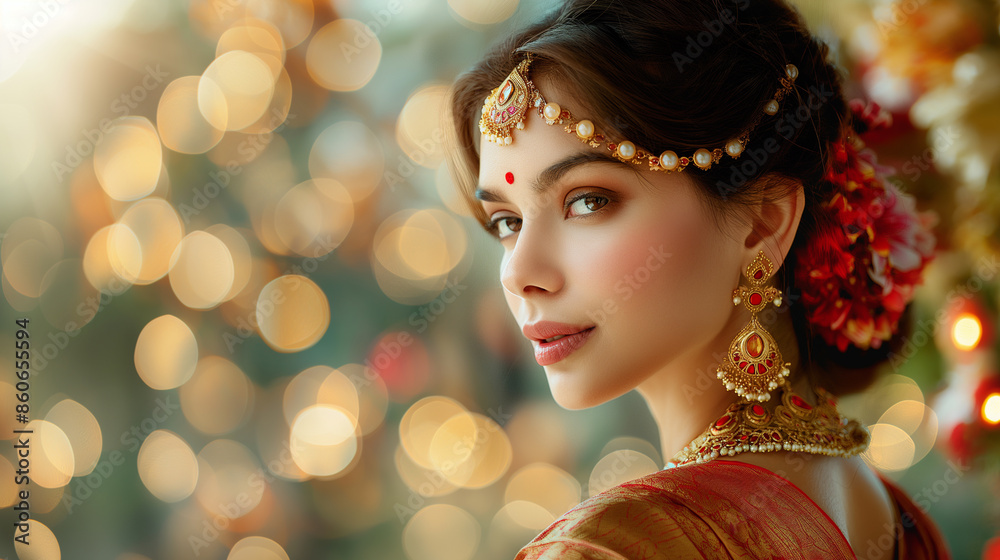 AI generative. Portrait of Indian woman looking away, wearing saree, an Indian traditional attire and their accessories AI generative. Portrait of Indian woman looking away, wearing saree, an Indian traditional attire and their accessories