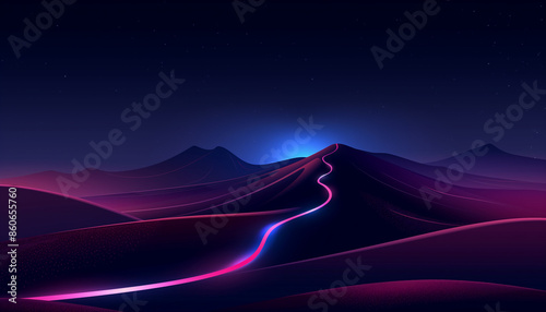 Hope Journey to Success Concept with row of light on long winding road which give sense of direction across mountain landscape amid darkness. Negative space on top can be use for wording 