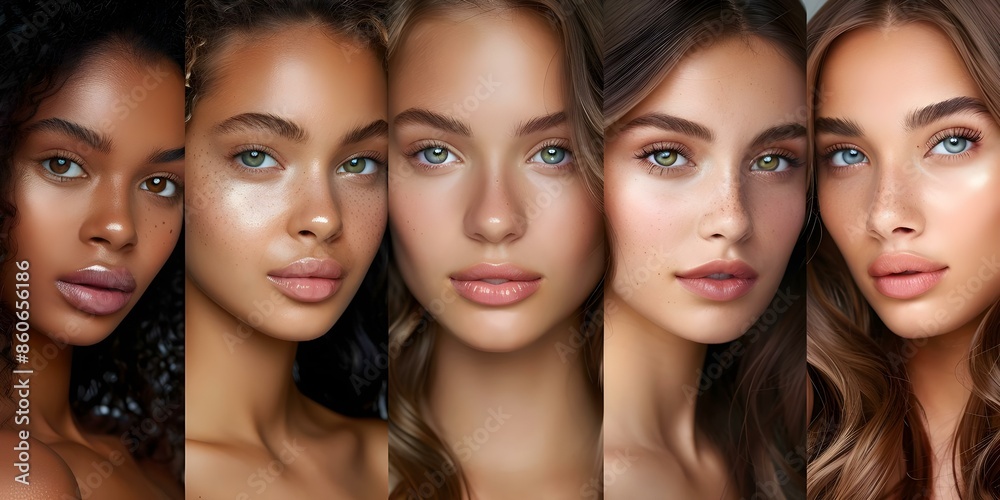 Obraz premium Diverse group of beautiful women with natural glowing skin showcasing fashion and skincare. Concept Fashion & Beauty Photography, Natural Beauty, Glowing Skin, Diverse Women, Skincare Products
