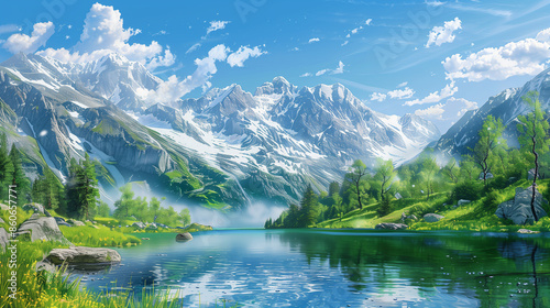 Paisaje Montañoso con Lago Reflejado