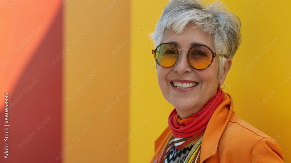 Stylish senior woman smiling against a vibrant background..Joyful portrait highlighting colorful fashion and confidence. Stylish senior woman smiling against a vibrant background..Joyful portrait highlighting colorful fashion and confidence.