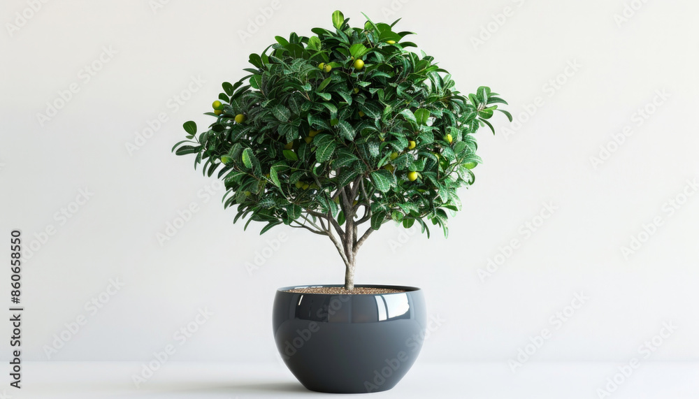 A small tree is in a black pot A small tree is in a black pot