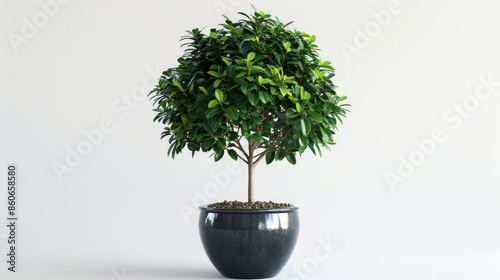 A small tree is in a black pot