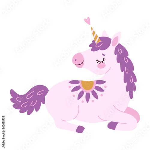 Cute lavender magical unicorn. Romantic magical, sleeping unicorn Hand drawn flat style isolated for Greeting card, poster, print, t-shirt, party concept, kids books, wallpapers. Vector illustration