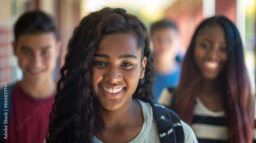 Fototapeta premium A group of diverse teenagers smile confidently at the camera, standing in a school corridor...This image highlights the spirit of friendship and multicultural unity among students